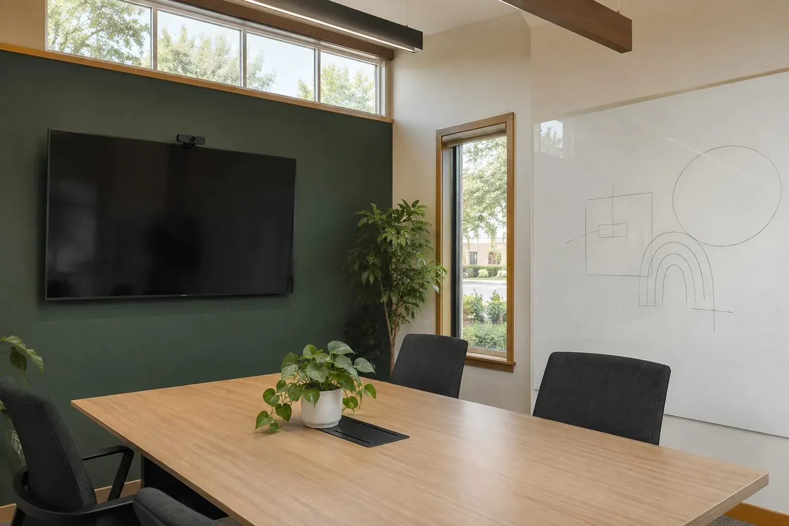 Webcam-ready TV and whiteboard in a meeting room at Timberline in Indianapolis