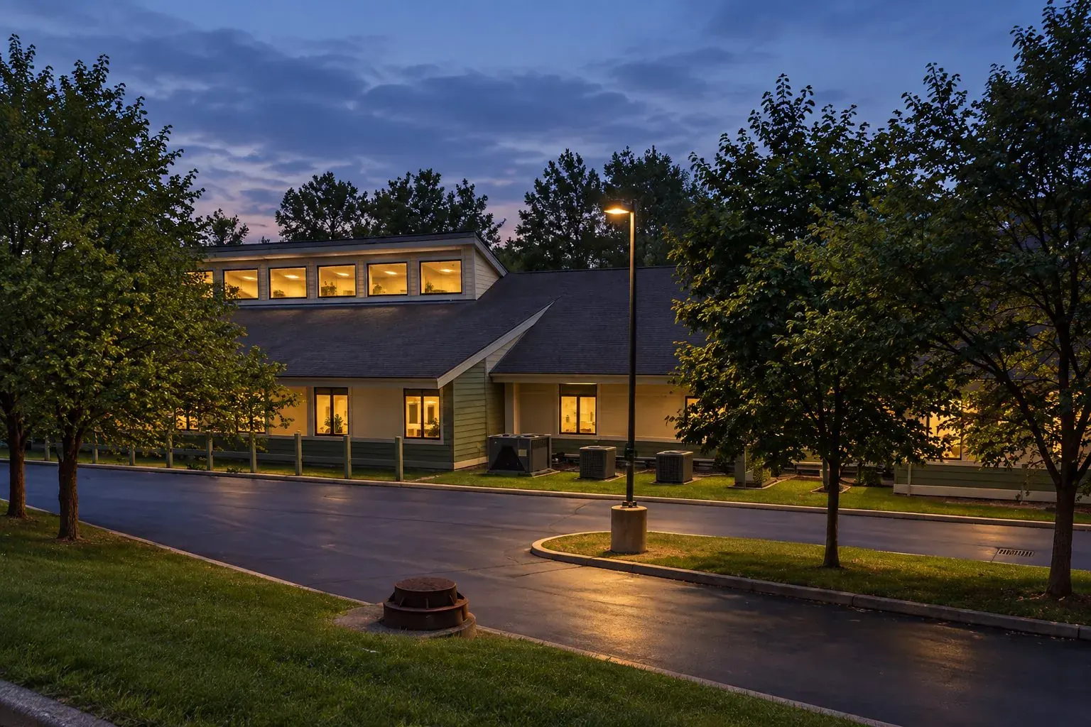 Timberline at Fall Creek event and office building in Indianapolis near Fishers, at dusk