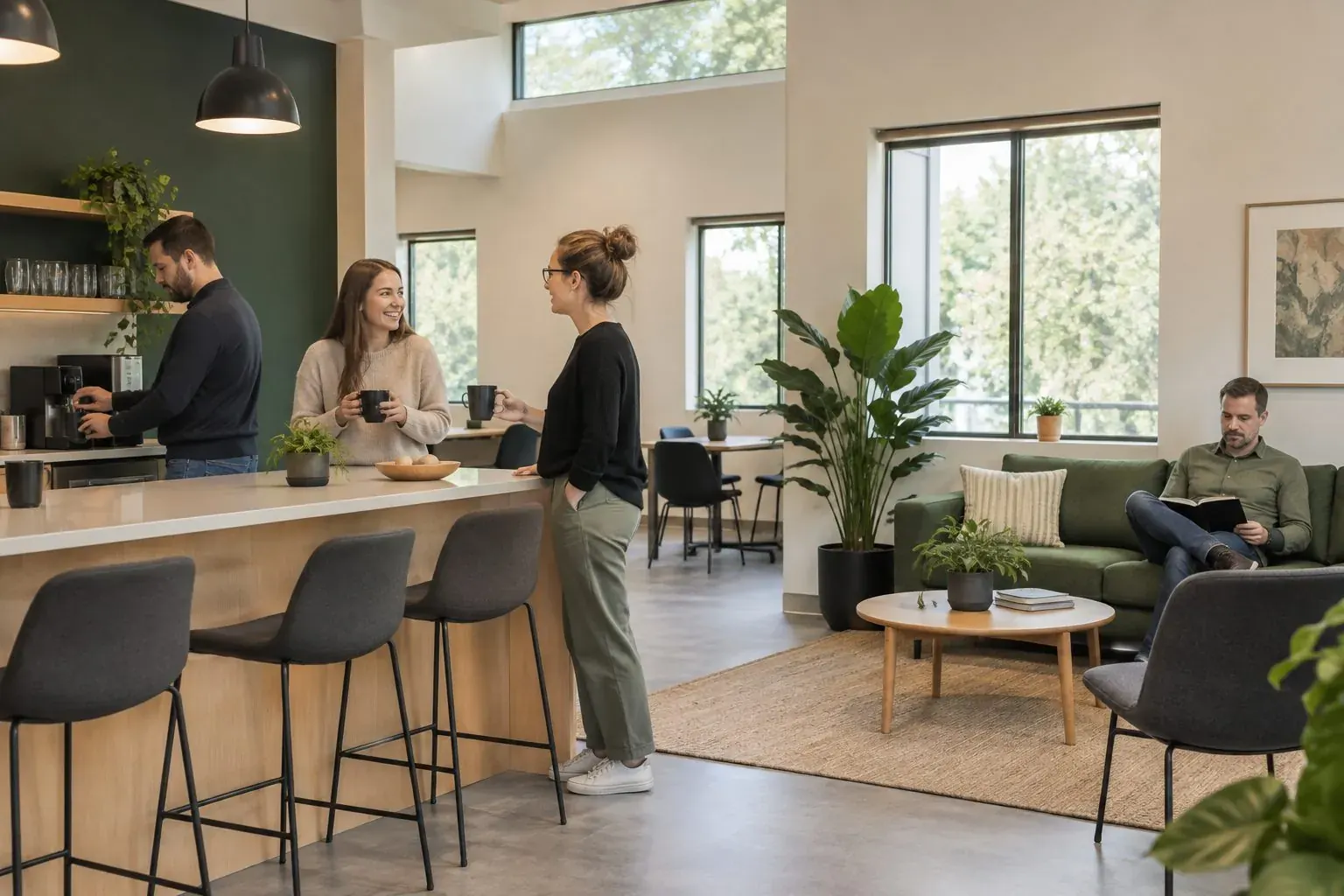 Members in the lounge and kitchen at Timberline at Fall Creek