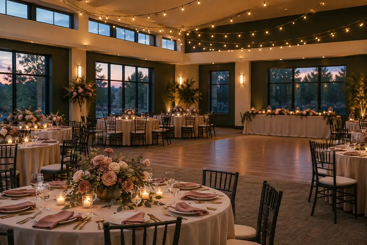 Wedding reception layout with round tables and dance floor at Timberline in Indianapolis